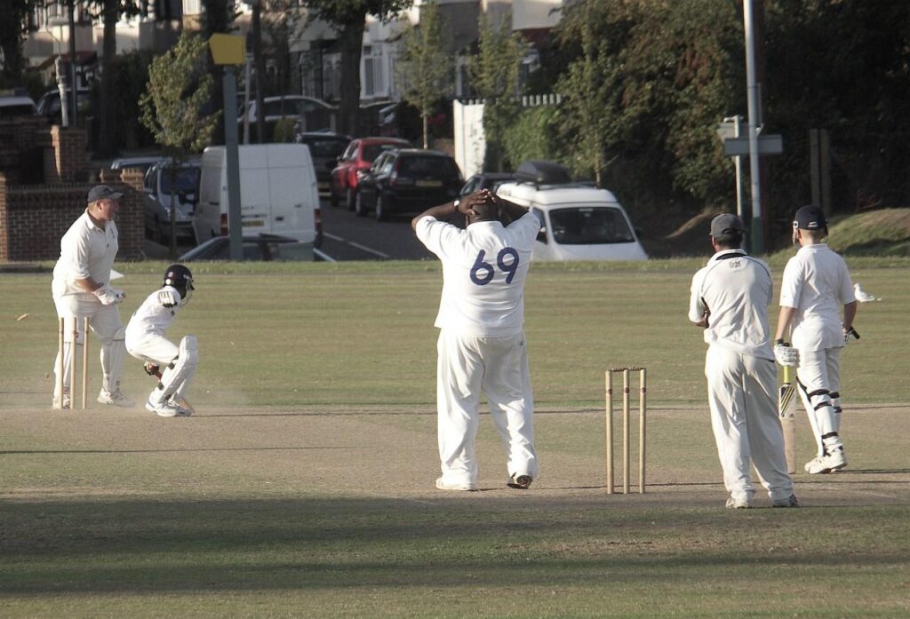 Hugh in dismay as a close chance goes missing off his bowling
