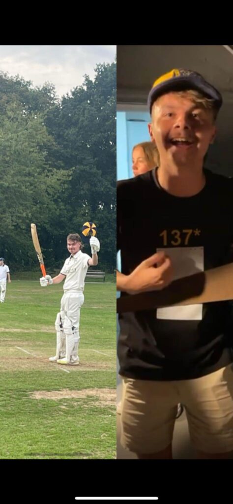 A split photo. On the left Dane is at the crease raising his bat and hat after hitting his century. On the right Dane points to a copy of the scorecard printed on a t-shirt