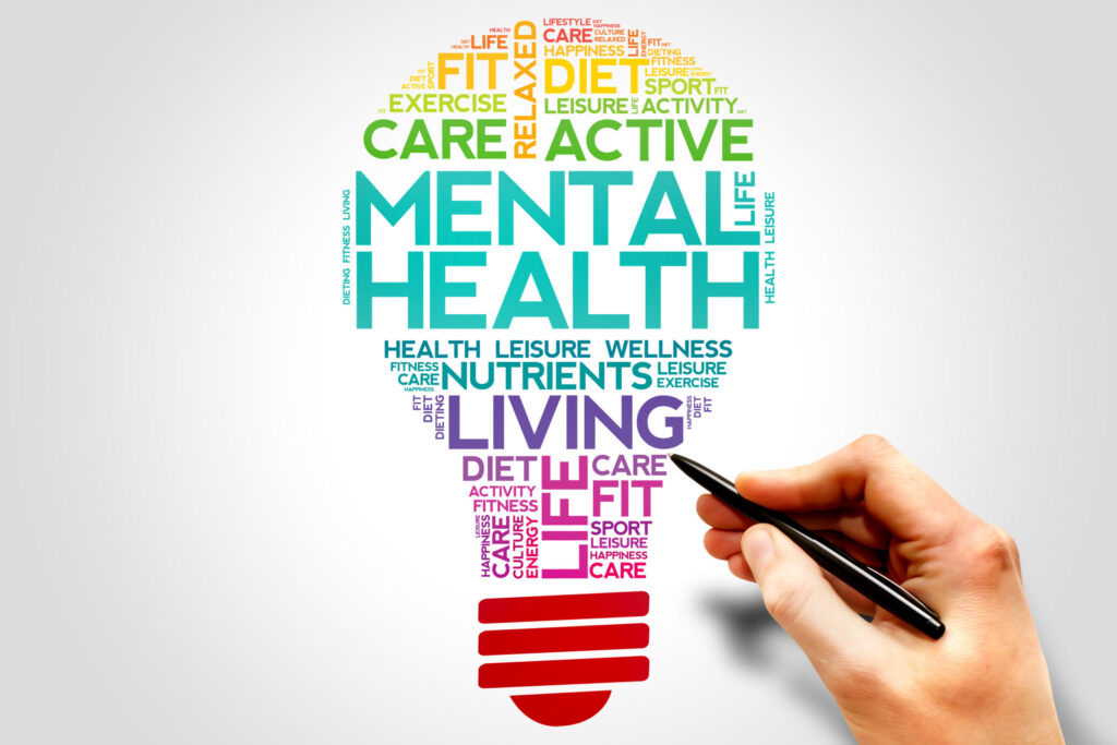 Infographic of mental health concepts in the shape of a lightbulb